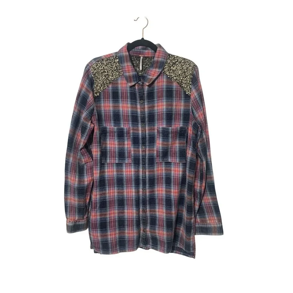 Free People Little‎ Bit of Sugar Women's M Sequin plaid flannel shirt